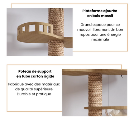 Arbre à chat en bois XXL avec plateforme ajourée en bois massif offrant un grand espace de repos et de mouvement. Équipé d’un poteau de support en tube carton rigide, durable et pratique, fabriqué avec des matériaux de qualité supérieure pour une stabilité optimale.