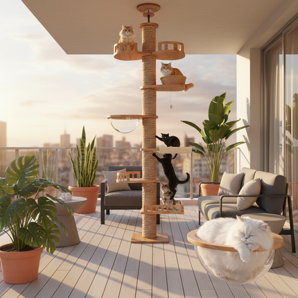 Colonne interactive pour chats avec plateformes design et bulle d'observation